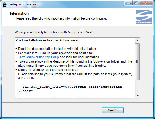 Subversion Setup Screen 8